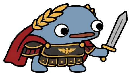 Frongus Maximus, blue Roman frog warrior with laurel crown, golden armor and crimson cape