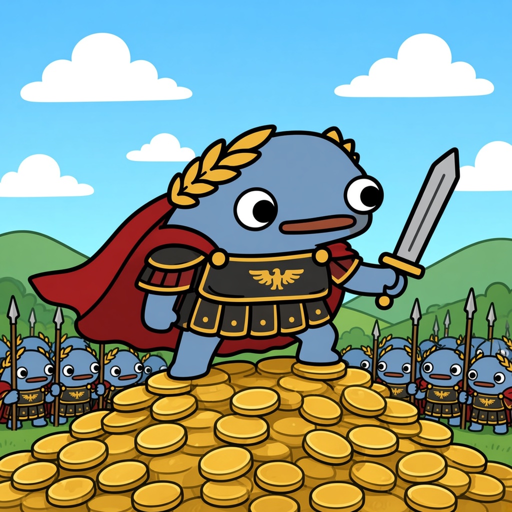 Frongus Maximus leads his frog legion over a great mound of golden coins