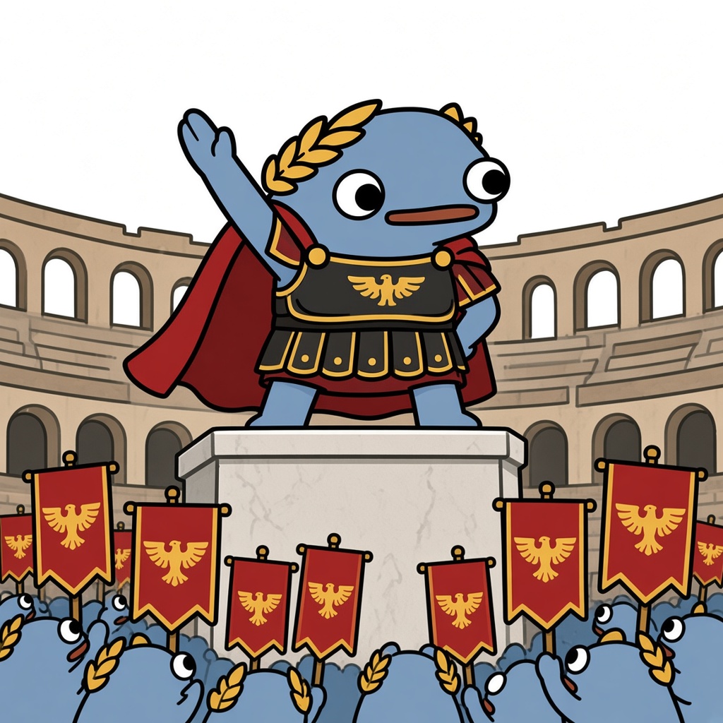 Frongus Maximus speaks to his assembled frog legion in a Roman arena